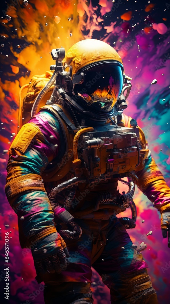 A man in a space suit against a vibrant backdrop A man in a space suit against a vibrant backdrop