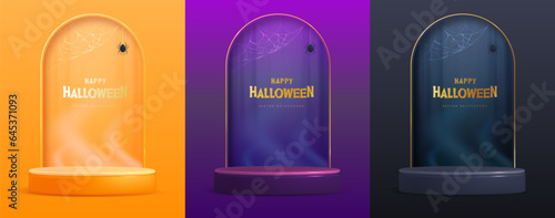 Set of Halloween showcase backgrounds with 3d podium, spider web and wild forest. Halloween spooky background. Vector illustration