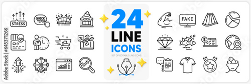 Icons set of Quick tips, Ranking star and Diamond line icons pack for app with Depression treatment, Pie chart, Ice cream thin outline icon. Fish school, Arena stadium. Design with 3d stars. Vector