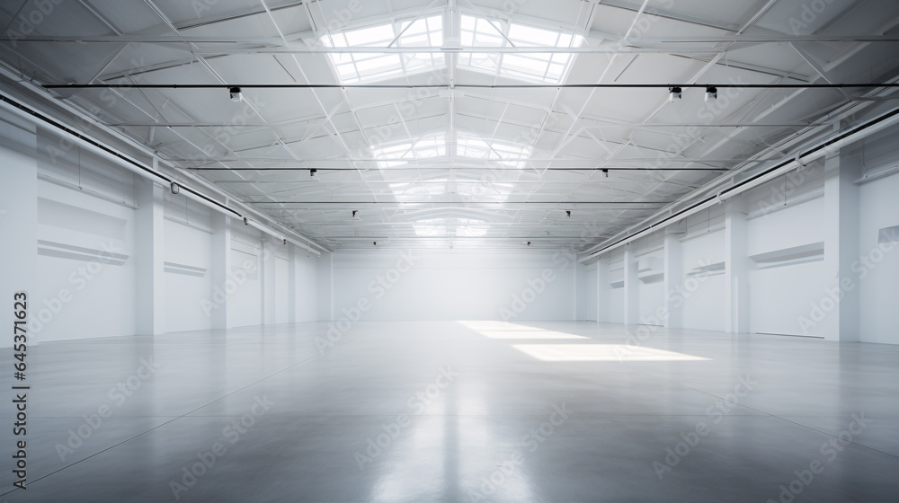 A modern, white warehouse interior, devoid of any items..