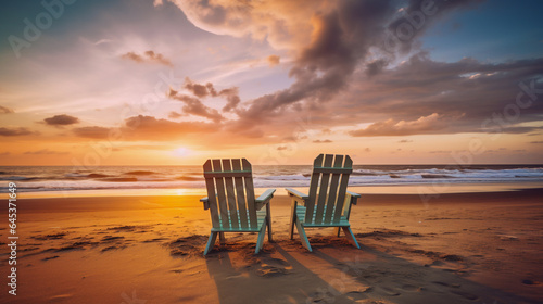Two empty beach chairs on beach at sunset