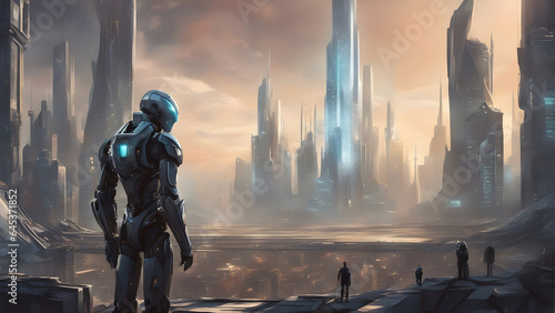 Robotic takeover of the future, An advanced robot overseeing the futuristic city. Generative AI