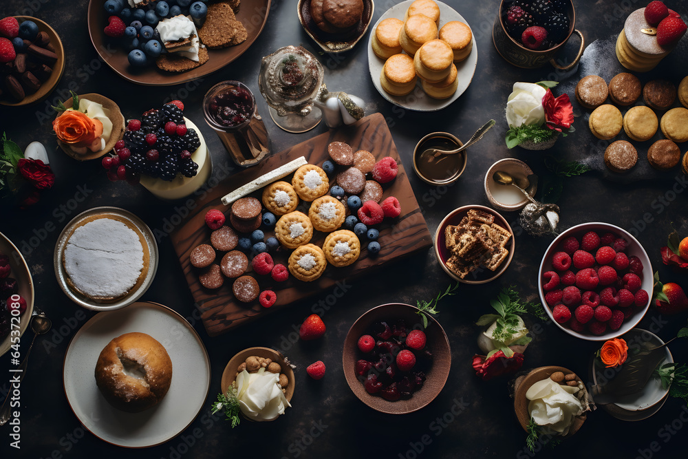 a flat lay dessert table featuring an array of vegetarian