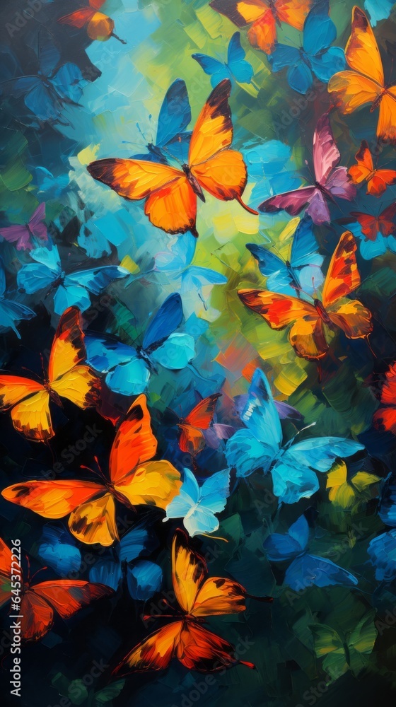 A vibrant painting showcasing a multitude of colorful butterflies in flight