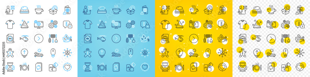 Vector icons set of Update document, Vegetables and Return package line icons pack for web with Swipe up, T-shirt, Helicopter outline icon. Networking, Gingerbread man, Hourglass pictogram. Vector Vector icons set of Update document, Vegetables and Return package line icons pack for web with Swipe up, T-shirt, Helicopter outline icon. Networking, Gingerbread man, Hourglass pictogram. Vector