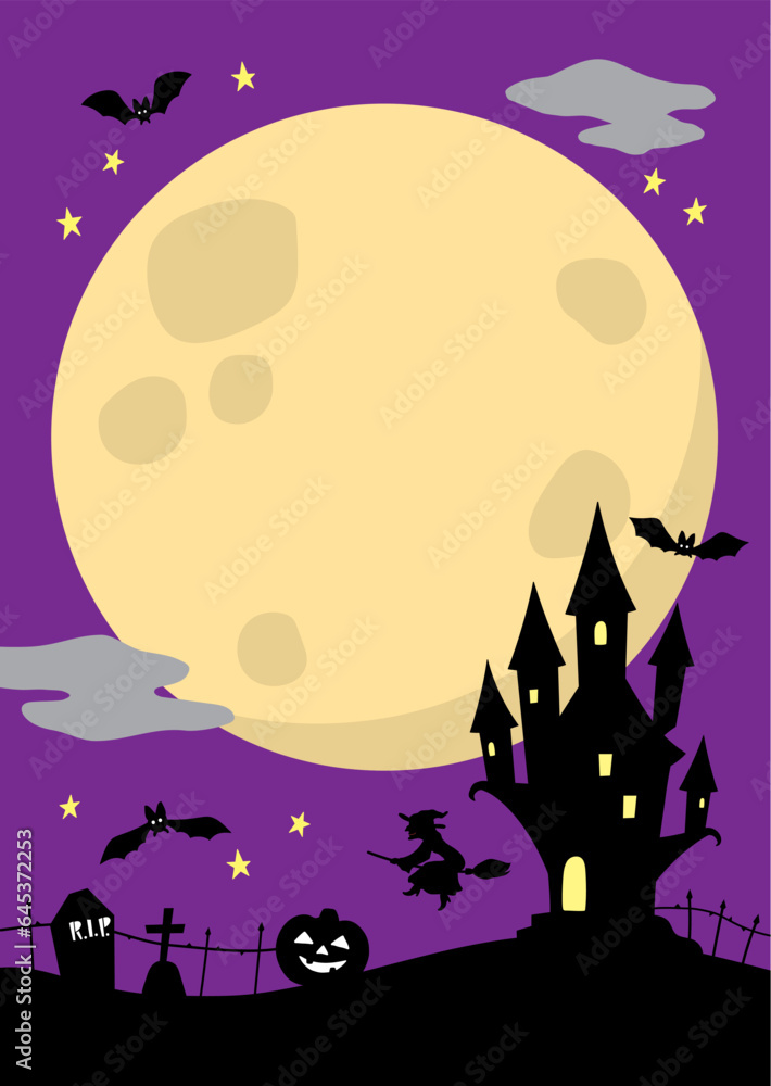 Halloween vertical background with purple night yellow full moon copyspace and castle illustration A4 vector template for flyer