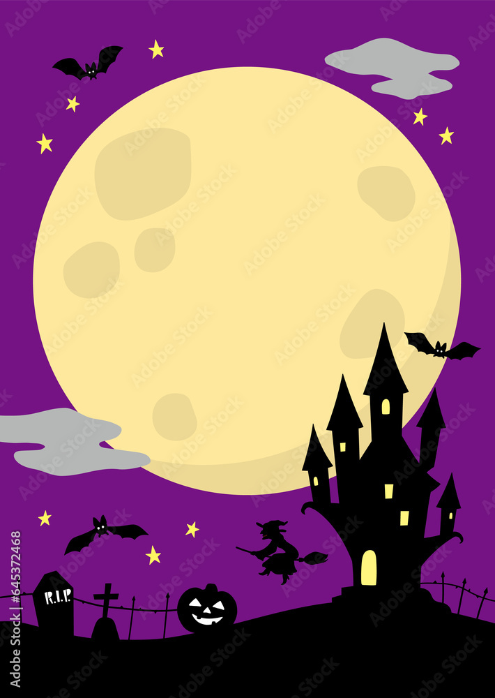 Halloween vertical background with purple night yellow full moon copyspace and castle illustration A4 template for flyer