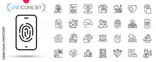 Pack of Vip internet, Lock and Fast delivery line icons. Include Fake review, Paper wallpaper, Report pictogram icons. Legal documents, Megaphone, Ice cream signs. Passport warning. Vector