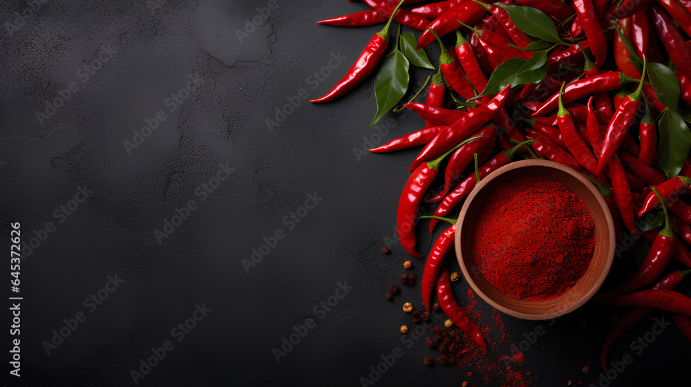 bowl of fresh chili powder and chili pepper on grey table - obrazy, fototapety, plakaty 