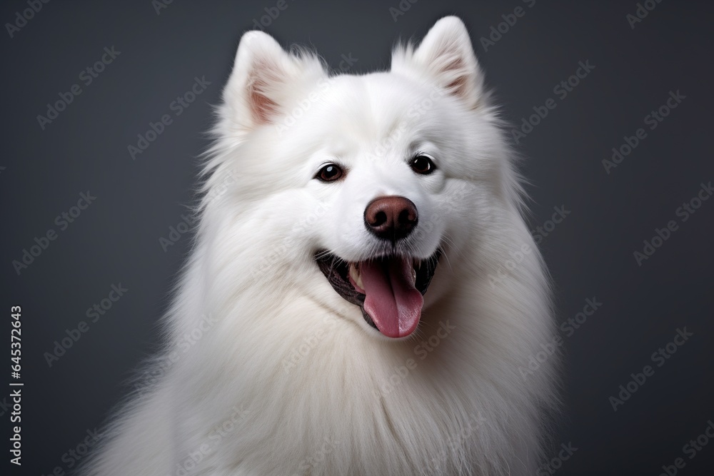 White Samoyed dog on a gray background with copy space