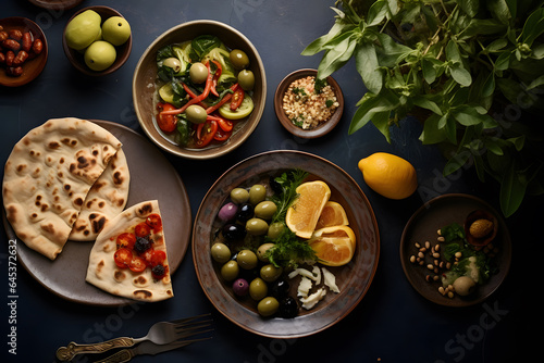 a Mediterranean inspired flat lay table setting with vegetarian meal
