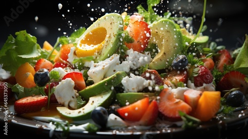 Fresh vegetable and fruit salad in bowl, explosion and splash on black background