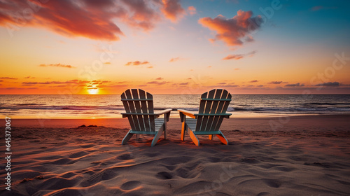 Two empty beach chairs on beach at sunset