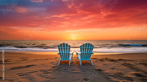 Two empty beach chairs on beach at sunset © Giordano Aita