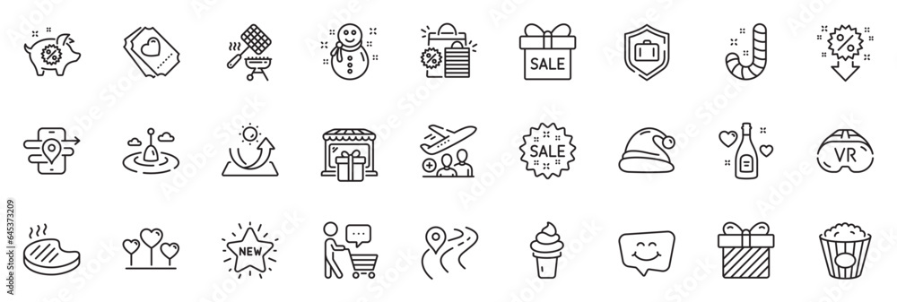 Icons pack as Passenger, Love ticket and Road line icons for app include Sun protection, Piggy sale, Smile chat outline thin icon web set. Snowman, Love champagne, Vr pictogram. Sale. Vector Icons pack as Passenger, Love ticket and Road line icons for app include Sun protection, Piggy sale, Smile chat outline thin icon web set. Snowman, Love champagne, Vr pictogram. Sale. Vector