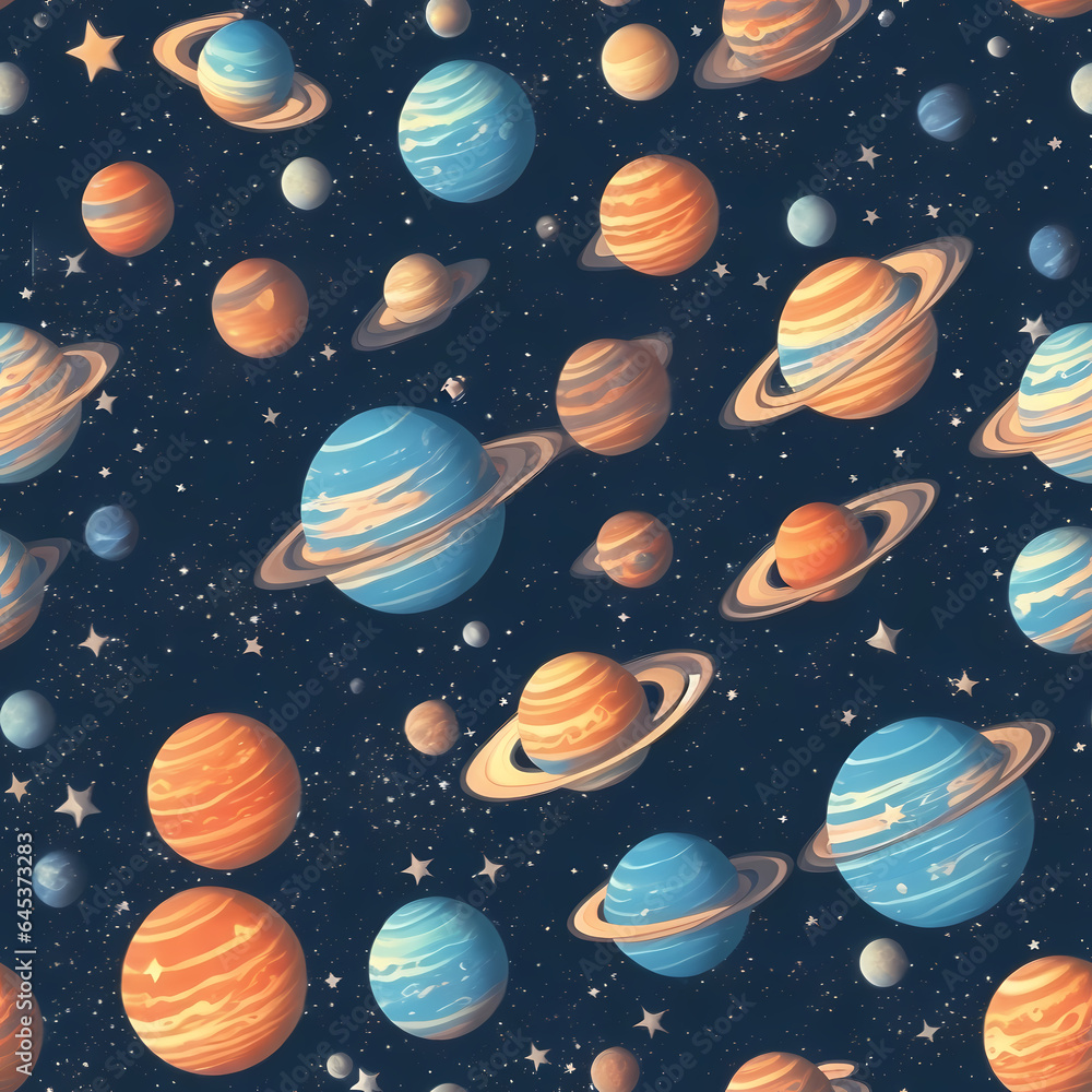 Whimsical Pattern of Planets and Stars on a Dark Blue Background Whimsical Pattern of Planets and Stars on a Dark Blue Background