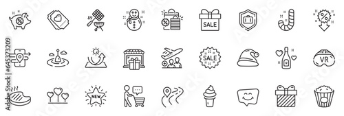 Icons pack as Passenger, Love ticket and Road line icons for app include Sun protection, Piggy sale, Smile chat outline thin icon web set. Snowman, Love champagne, Vr pictogram. Sale. Vector