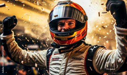 Finish Line Triumph: Race Car Driver Revels with Champagne Burst © Bartek
