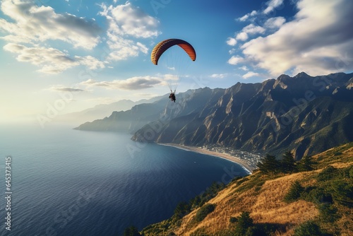 Paraglider flies over the sea against the background of mountains and blue sky