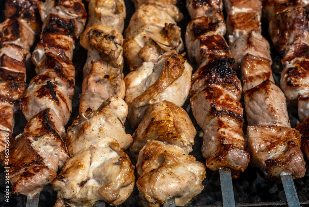 Meat kebab on skewers on coals in the grill.
