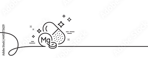 Magnesium mineral line icon. Continuous one line with curl. Chemical element Mg sign. Capsule or pill symbol. Magnesium mineral single outline ribbon. Loop curve pattern. Vector