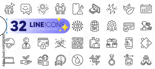 Outline set of Phone warning, Organic product and Book car line icons for web with Baggage reclaim, Internet documents, Startup concept thin icon. Chemistry dna, Ship, Sleep pictogram icon. Vector