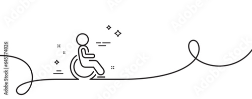 Disability person line icon. Continuous one line with curl. Wheelchair user sign. Person transportation symbol. Disability single outline ribbon. Loop curve pattern. Vector