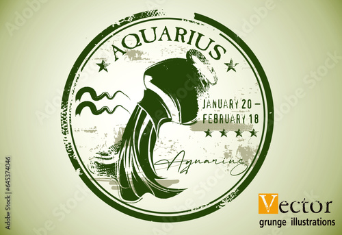 astrologi Aquarius  element, Abstract grunge stamp with the Aquarius  symbol from the horoscope, Grunge Round zodiac sign Aquarius