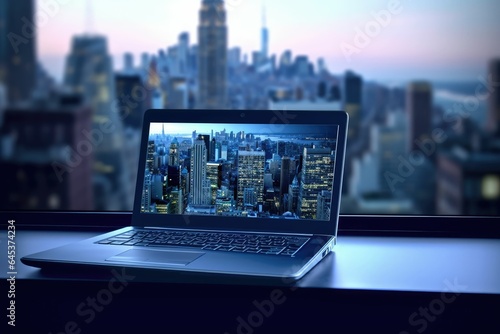 Laptop screen near the window with a view of the city