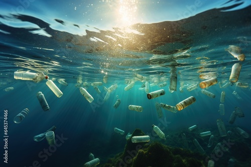Underwater view of plastic bottles floating in the sea. The concept of environmental pollution