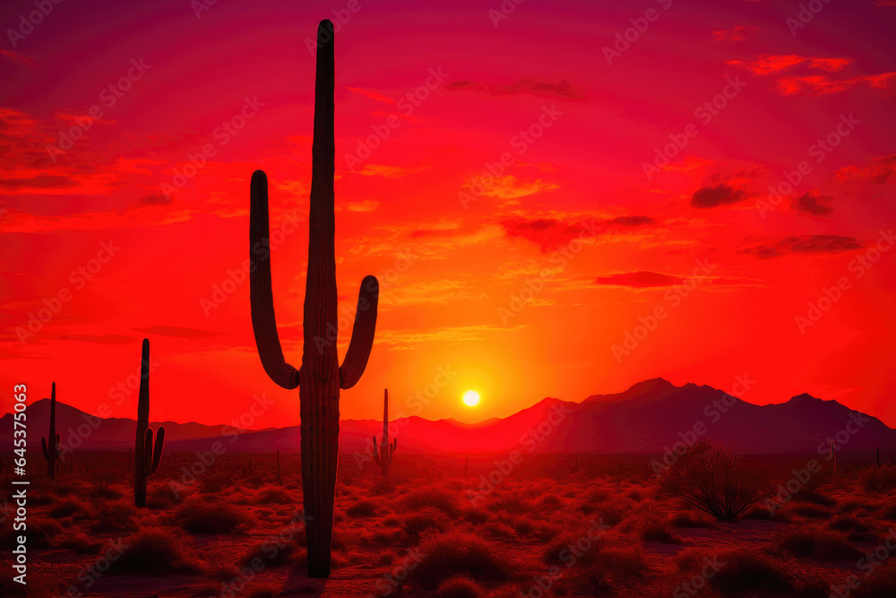 Crimson Sky and Lone Cactus