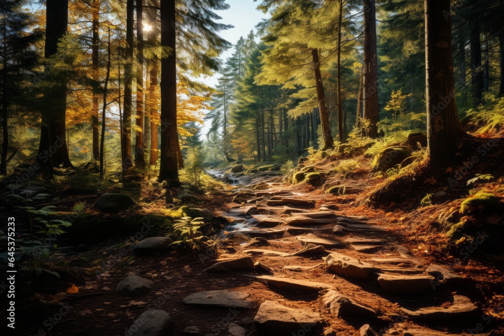 Obraz premium Forest Path Blanketed With Leaves, Generative AI