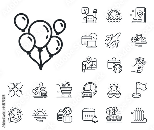 Amusement park or birthday party sign. Plane jet, travel map and baggage claim outline icons. Balloons line icon. Balloons line sign. Car rental, taxi transport icon. Place location. Vector