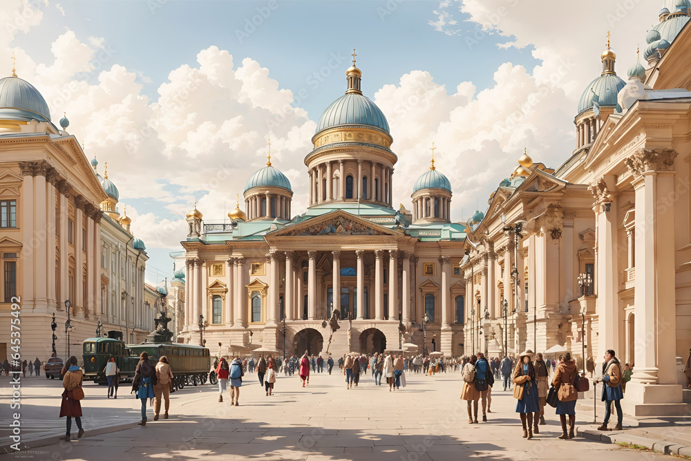 Obraz premium Fantastic St.Petersburg with architecture and people. Sketch in the graphic style of wet watercolor.