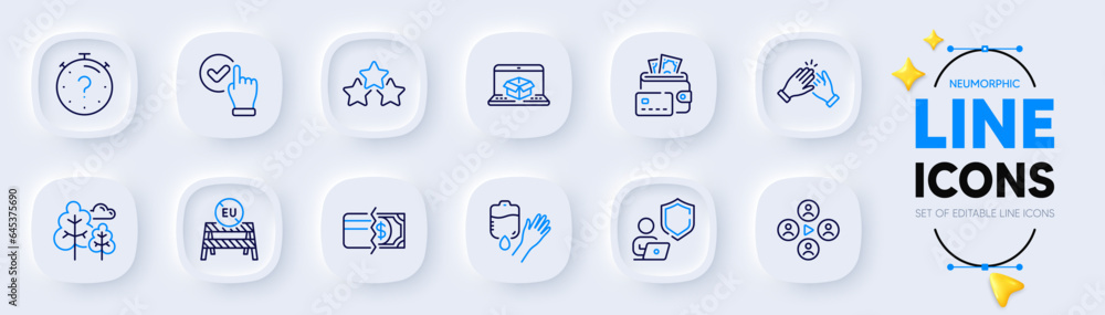 Clapping hands, Shield and Blood line icons for web app. Pack of Payment methods, Video conference, Tree pictogram icons. Money, Online delivery, Quiz signs. Checkbox, Ranking stars. Vector
