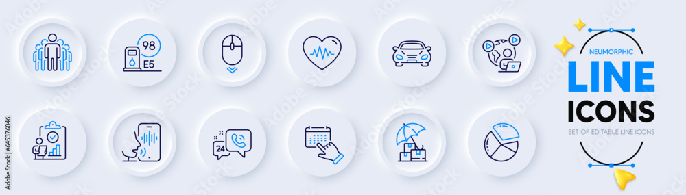 Heartbeat, Petrol station and Car line icons for web app. Pack of 24h service, Voicemail, Inspect pictogram icons. Event click, Pie chart, Video conference signs. Delivery insurance. Vector Heartbeat, Petrol station and Car line icons for web app. Pack of 24h service, Voicemail, Inspect pictogram icons. Event click, Pie chart, Video conference signs. Delivery insurance. Vector