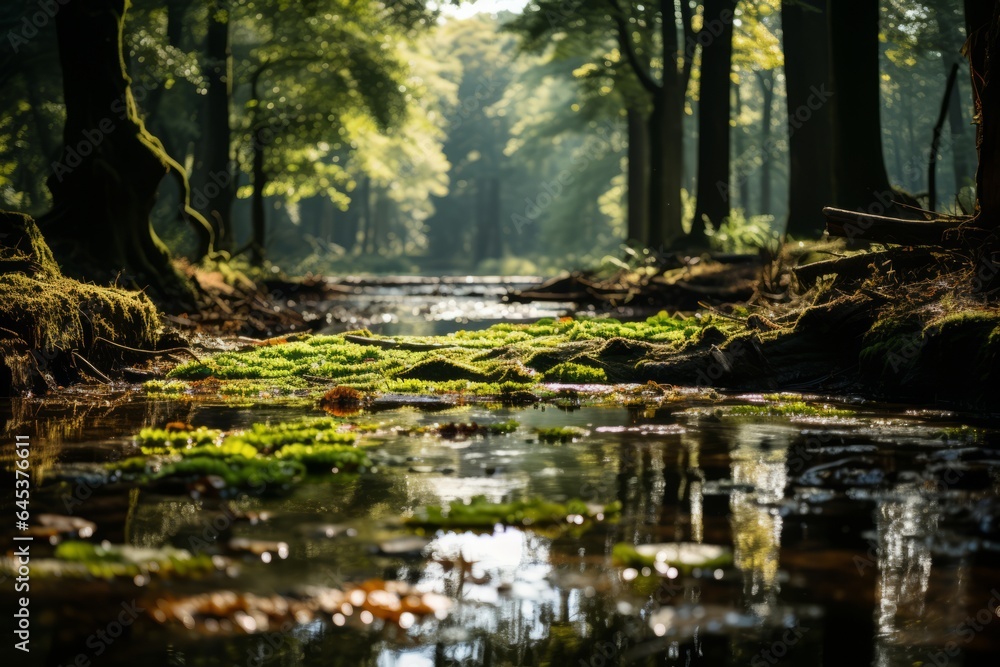 Obraz premium Sunlit Forest Clearing With Leaves, Generative AI