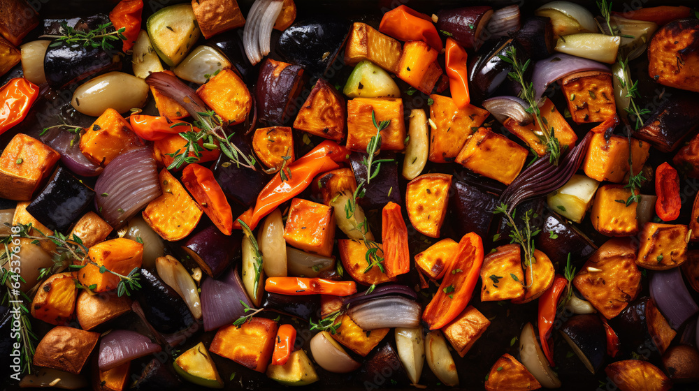 Roasted fall vegetables in full aerial view.. Roasted fall vegetables in full aerial view..