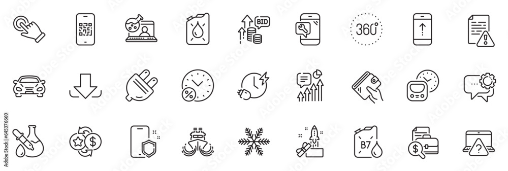 Icons pack as Metro, Online question and Charging time line icons for app include Instruction manual, Download, Loyalty points outline thin icon web set. Employees messenger. Vector
