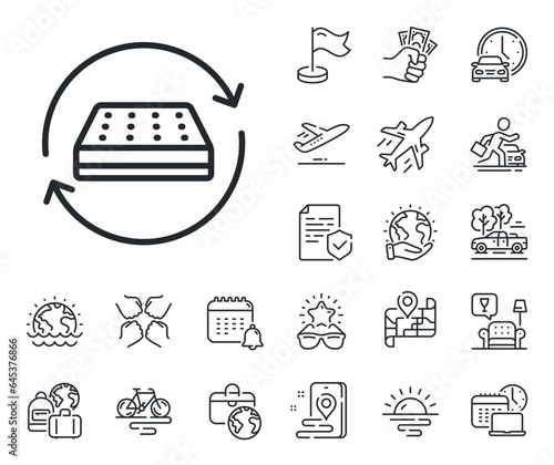 Change side of orthopedic pad sign. Plane jet, travel map and baggage claim outline icons. Two sided mattress line icon. Breathable sleep bed symbol. Mattress line sign. Vector