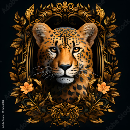 Cheetah in an ornate frame tshirt tattoo design dark art illustration  isolated on black