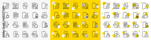 Smartphone device, phone report and download app set. Mobile apps line icons. Finger touch, mobile payment and phone device app line icons. Calculate report, smartphone code, chat message. Vector