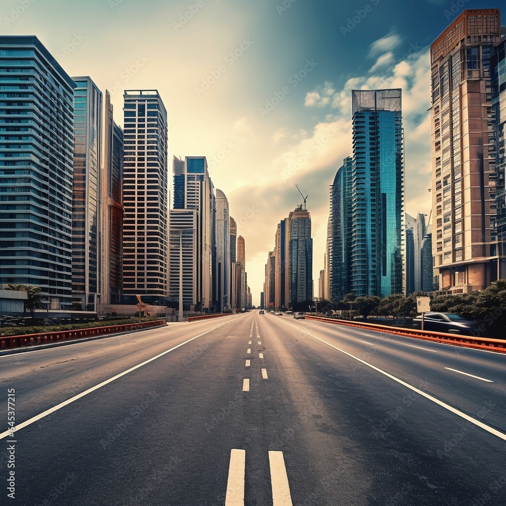 Panoramic skyline and buildings with empty road Panoramic skyline and buildings with empty road