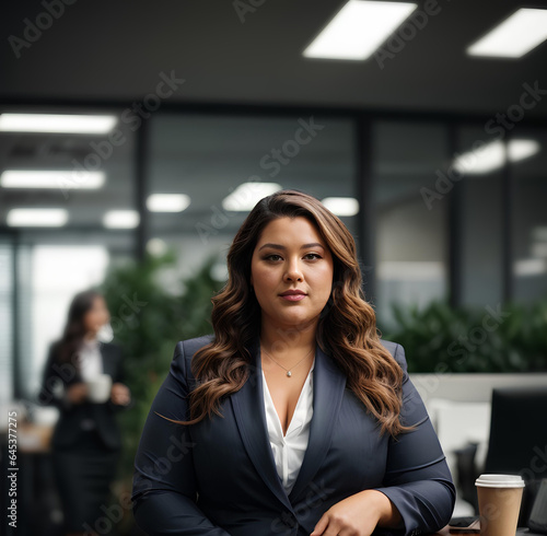 Plus size business woman sit in office. Lady manager in business suit. Office worker
