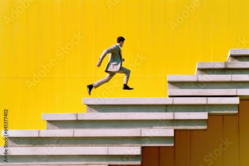 businessman walking up stairs in office building