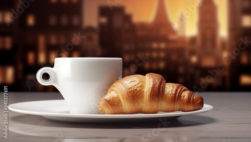 breakfast food paris bar french drink cup france table croissant. Generative AI.