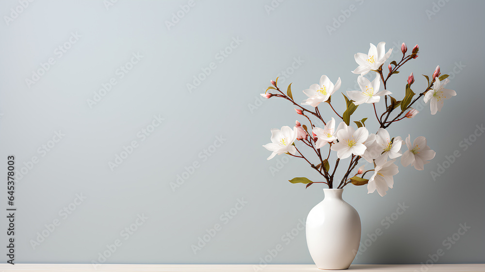 white flowers in a ceramic vase with the white flowers on a blue background.