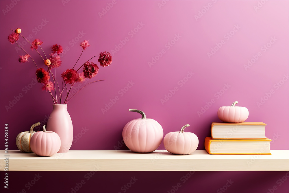 Home interior desk with cozy autumn decor and books in purple, magenta colors. Minimalist fall interior with cozy atmosphere, desk with ceramic vases and pumpkins, dry red leaves