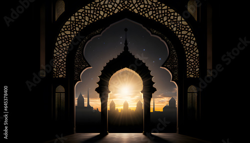 Doorways unveiling a mosques towering silhouette