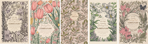 Vintage floral greeting cards. Vector illustration of flowers, orchid, tulip, frame, wild flowers, plants and leaves on vintage paper for background, pattern or poster.  #645378410